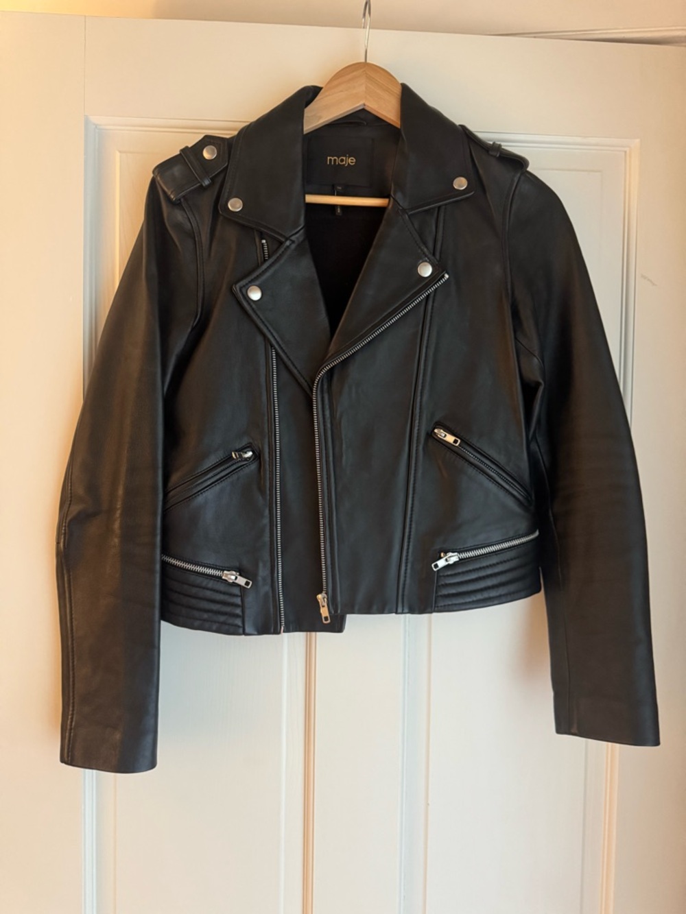 Maje Black Vegan Leather Moto Jacket so flattering size 38